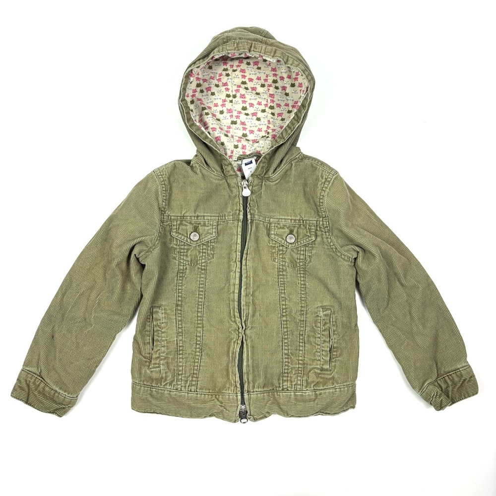 VTG Y2K Gap Kids Cat Print Corduroy Jacket Girls Sz S Olive Green‎ Cat Zipper